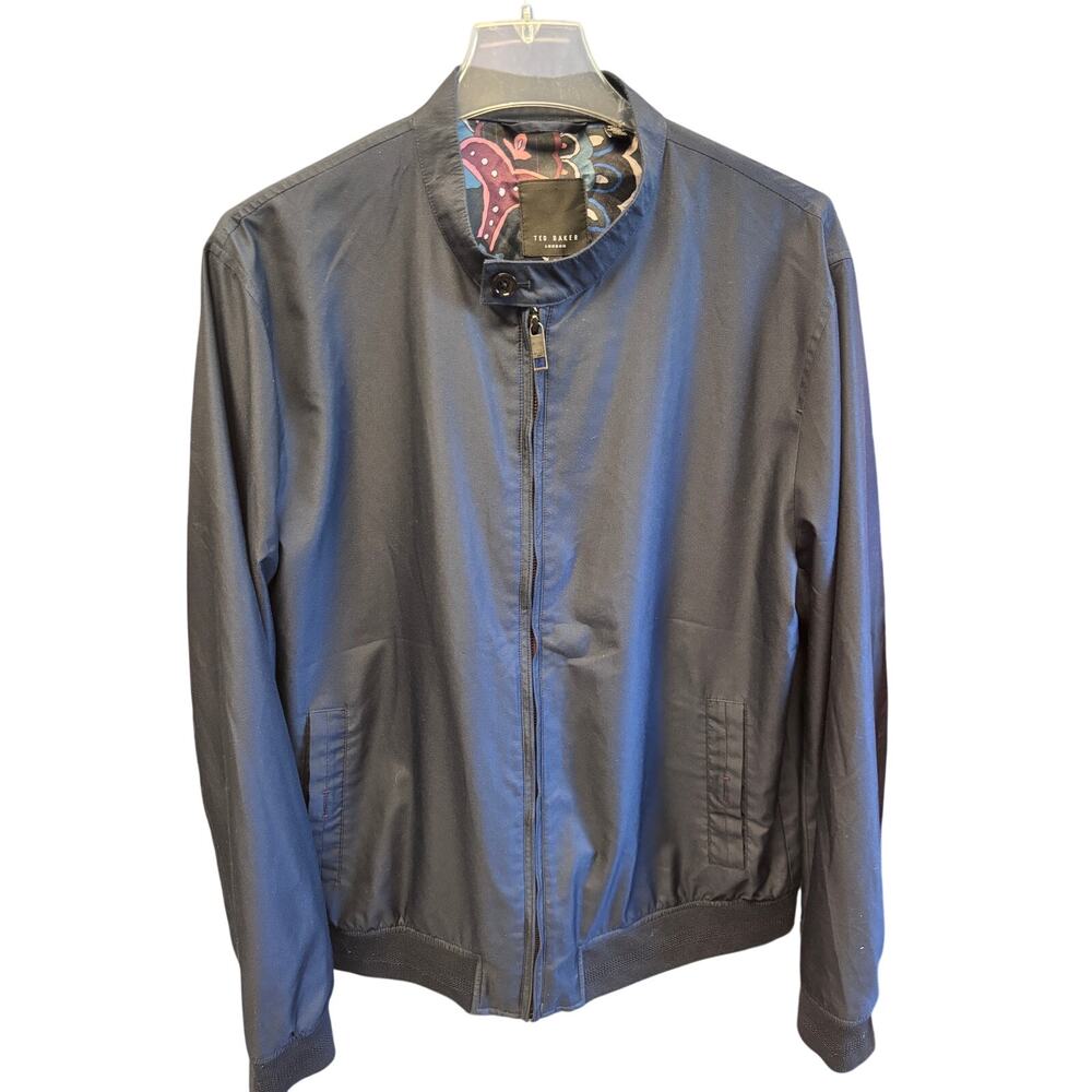 Ted Baker London Navy Bomber Jacket Paisley Lined Zip Front Size 5